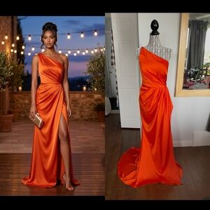 One-Shoulder Orange Satin Wedding Dress with Side Drape